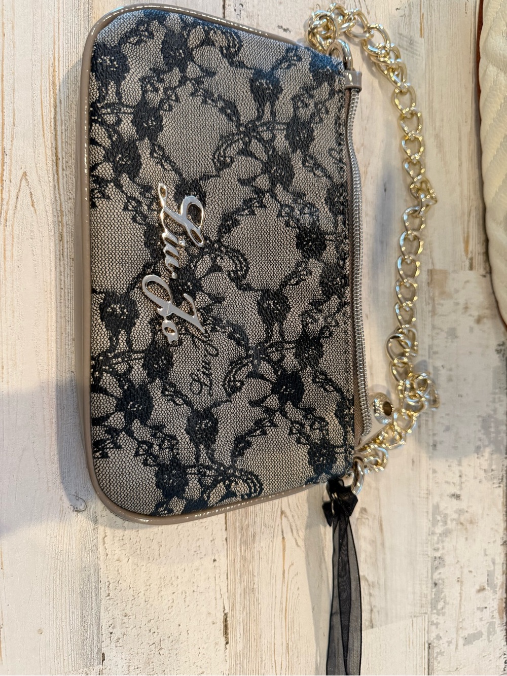 XOXO Black Lace-Print Wristlet Clutch with Gold Chain
